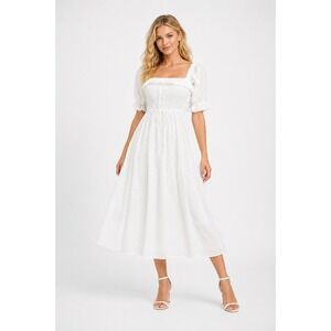 R.YIPOSHA White Swiss Dot Smocked Midi Dress XXL 20/22 Cottagecore Boho Romantic